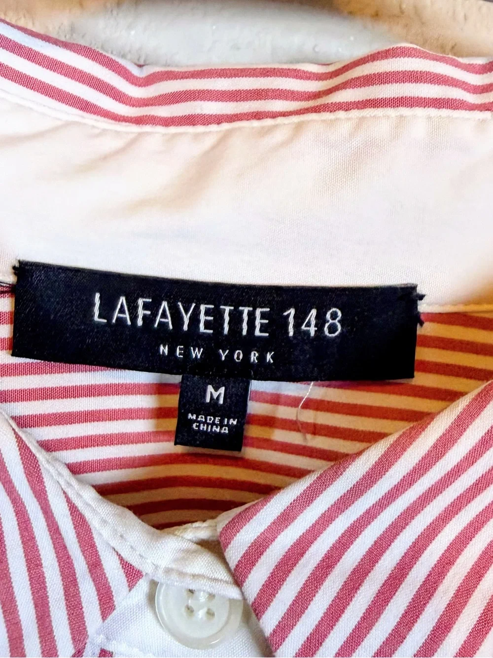 Lafayette 148 New York White Shirt with Red/Pink Stripes.  Size M - Picture 3 of 4